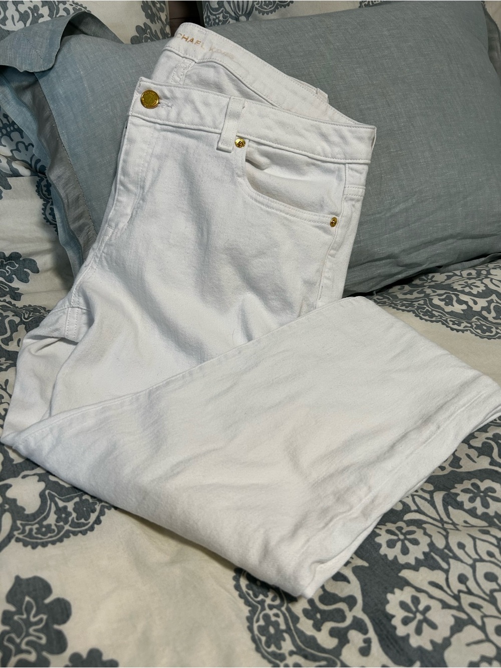 Michael Kors White Straight Leg Jeans with Gold Accents